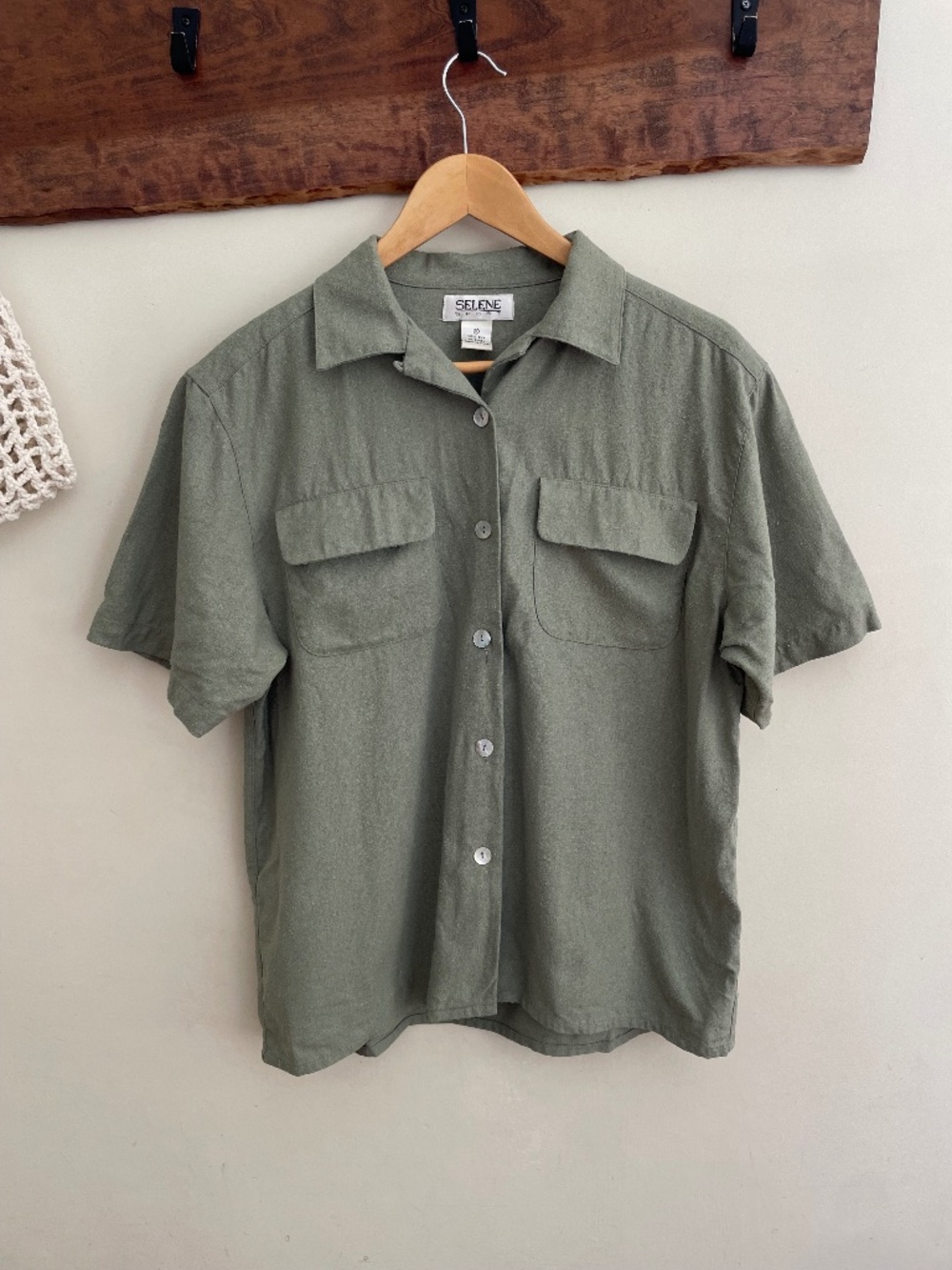 Vintage Selene Sport | 100% raw silk short sleeve green button down blouse PL